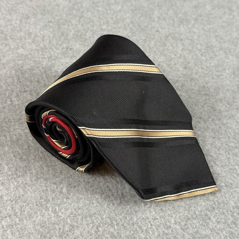 Vintage Tommy Hilfiger Silk Tie Black Gold Stripe USA Made Necktie 58x3.6"